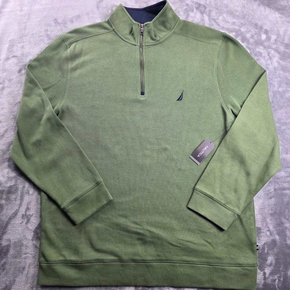 Nautica Quarter Zip Pullover Mens XXL Green Ribbed Cotton Mock Neck Sweater